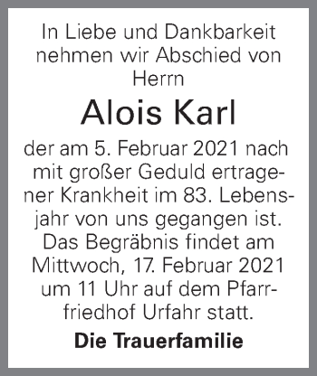 Traueranzeige von Alois Karl von OÖNachrichten