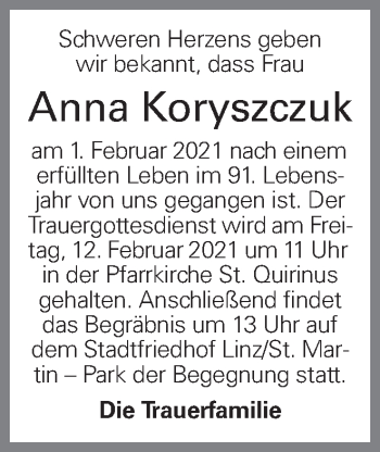 Traueranzeige von Anna Koryszczuk von OÖNachrichten