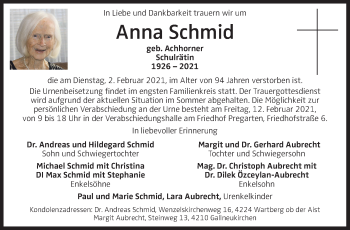 Traueranzeige von Anna Schmid von OÖNachrichten