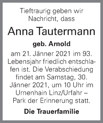 Traueranzeige von Anna Tautermann von OÖNachrichten