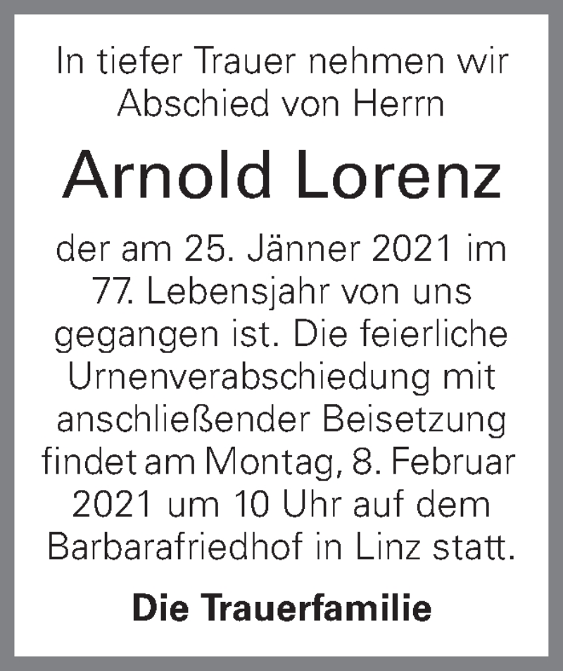  Traueranzeige für Arnold Lorenz vom 04.02.2021 aus OÖNachrichten