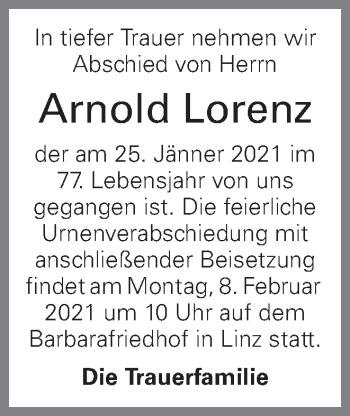 Traueranzeige von Arnold Lorenz von OÖNachrichten