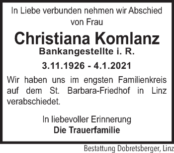Traueranzeige von Christiana Komlanz von OÖNachrichten
