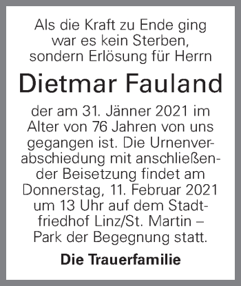 Traueranzeige von Dietmar Fauland von OÖNachrichten