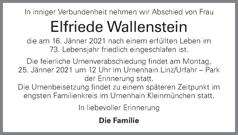  Traueranzeige für Elfriede Wallenstein vom 22.01.2021 aus OÖNachrichten