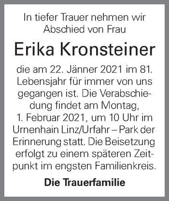 Traueranzeige von Erika Kronsteiner von OÖNachrichten