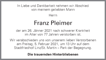 Traueranzeige von Franz Pleimer von OÖNachrichten