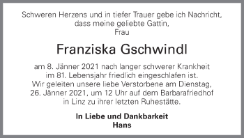 Traueranzeige von Franziska Gschwindl von OÖNachrichten