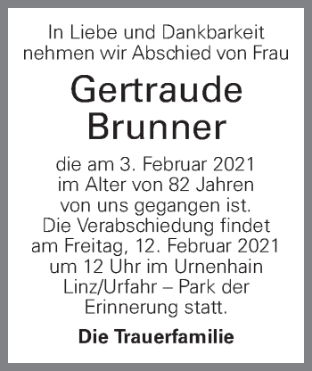Traueranzeige von Gertraude Brunner von OÖNachrichten