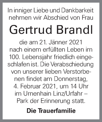 Traueranzeige von Gertrud Brandl von OÖNachrichten