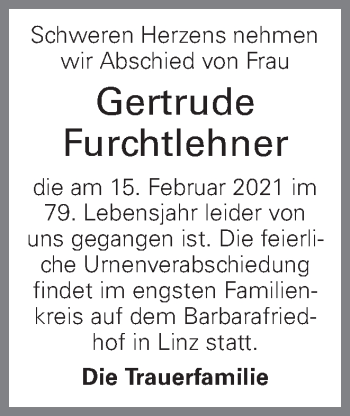 Traueranzeige von Gertrude Furchtlehner von OÖNachrichten