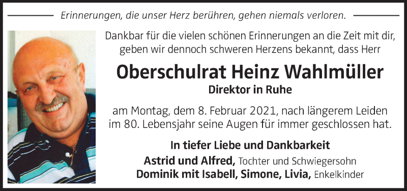 Traueranzeige für Heinz Wahlmüller vom 13.02.2021 aus OÖNachrichten