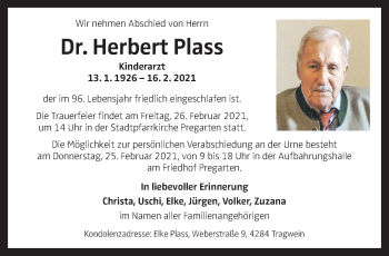 Traueranzeige von Herbert Plass von OÖNachrichten