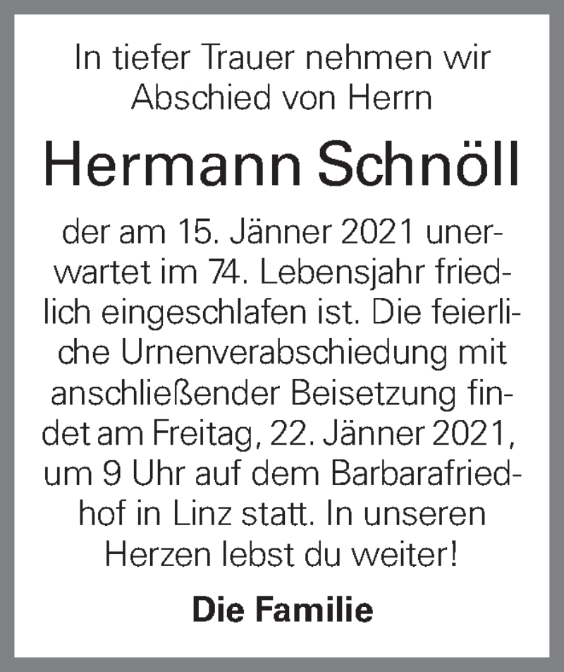  Traueranzeige für Hermann Schnöll vom 19.01.2021 aus OÖNachrichten