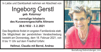 Traueranzeige von Ingeborg Gerstl von OÖNachrichten