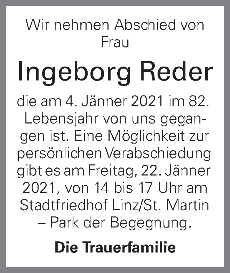  Traueranzeige für Ingeborg Reder vom 19.01.2021 aus OÖNachrichten