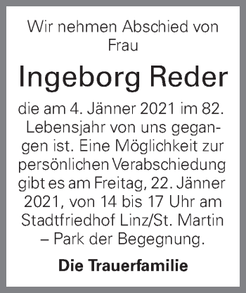 Traueranzeige von Ingeborg Reder von OÖNachrichten