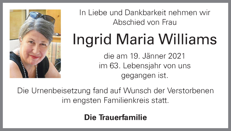 Traueranzeige für Ingrid Maria Williams vom 23.01.2021 aus OÖNachrichten