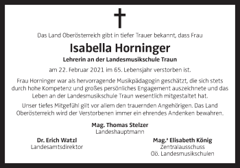 Traueranzeige von Isabella Horninger von OÖNachrichten