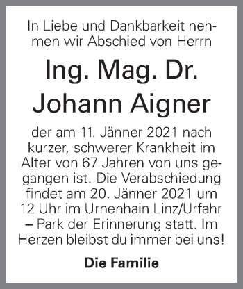 Traueranzeige von Johann Aigner von OÖNachrichten