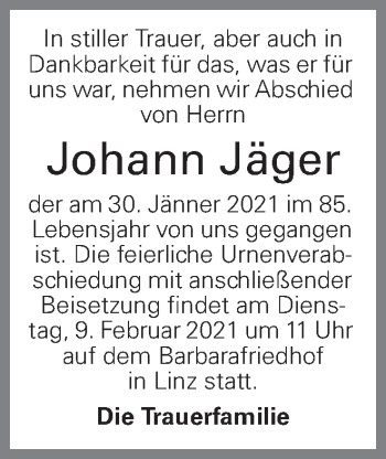 Traueranzeige von Johann Jäger von OÖNachrichten
