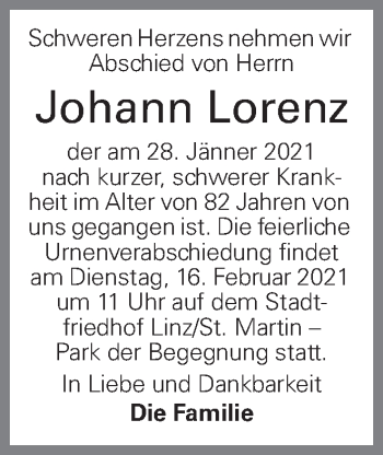 Traueranzeige von Johann Lorenz von OÖNachrichten