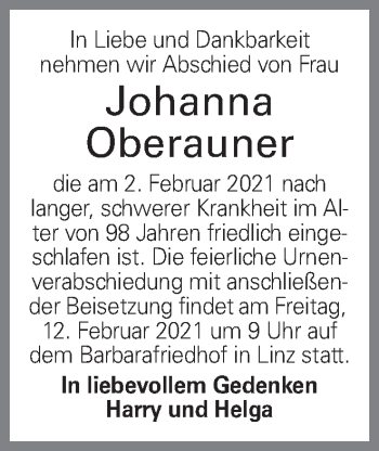 Traueranzeige von Johanna Oberauner von OÖNachrichten