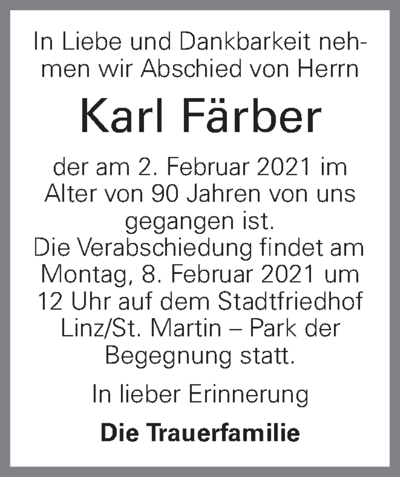  Traueranzeige für Karl Färber vom 04.02.2021 aus OÖNachrichten