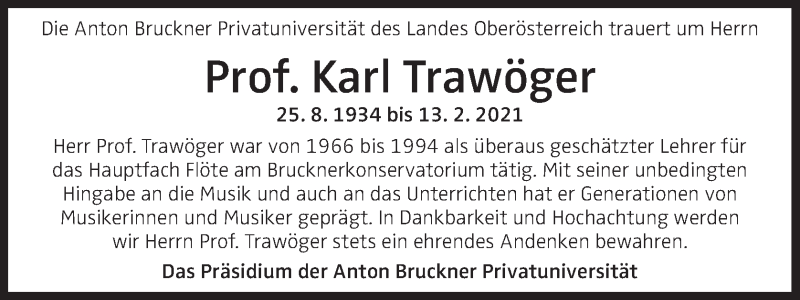  Traueranzeige für Karl Trawöger vom 20.02.2021 aus OÖNachrichten