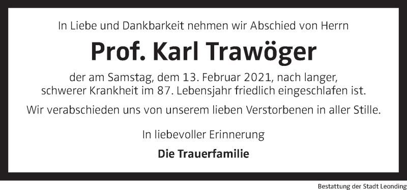  Traueranzeige für Karl Trawöger vom 20.02.2021 aus OÖNachrichten