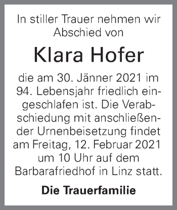 Traueranzeige von Klara Hofer von OÖNachrichten