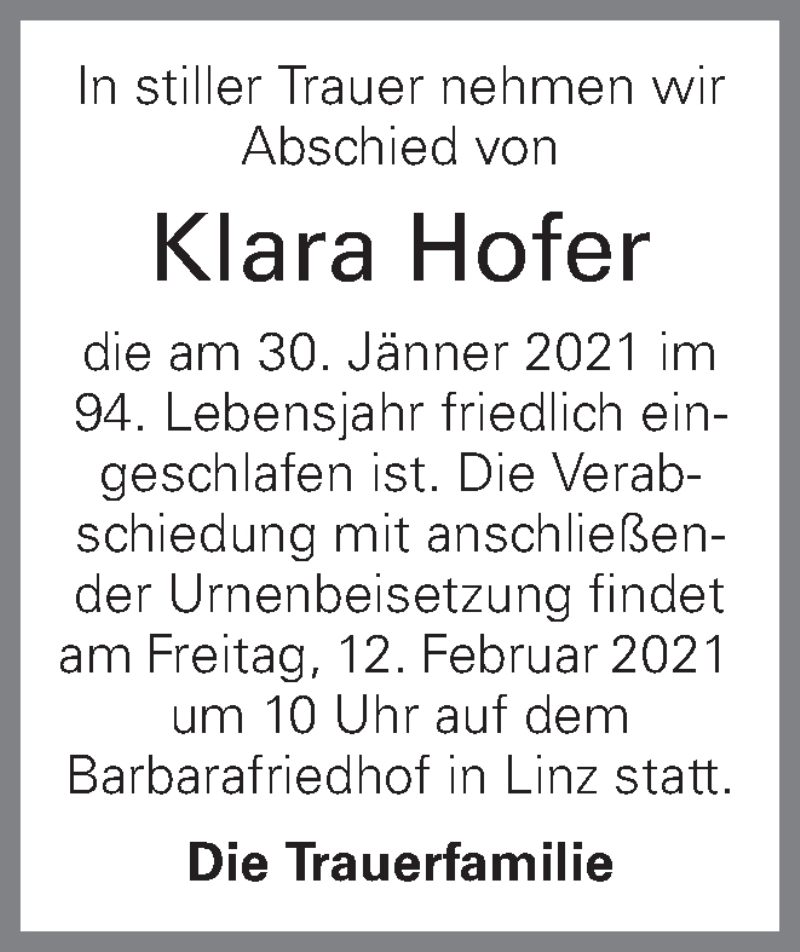  Traueranzeige für Klara Hofer vom 06.02.2021 aus OÖNachrichten