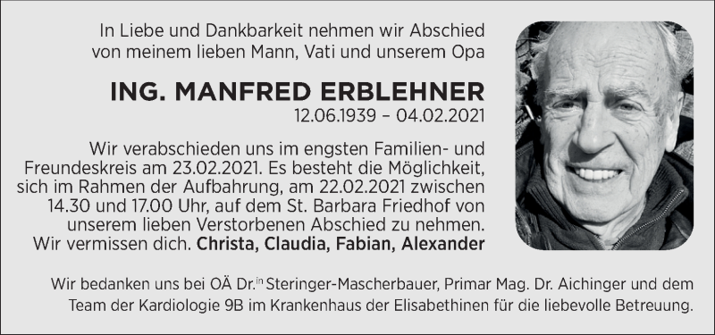  Traueranzeige für Manfred Erblehner vom 13.02.2021 aus OÖNachrichten
