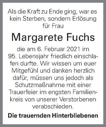 Traueranzeige von Margarete Fuchs von OÖNachrichten