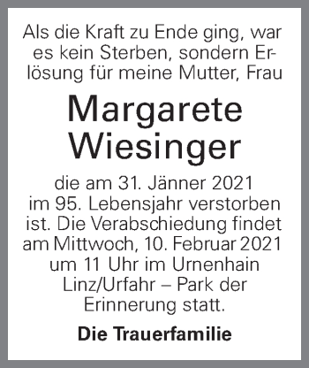 Traueranzeige von Margarete Wiesinger von OÖNachrichten
