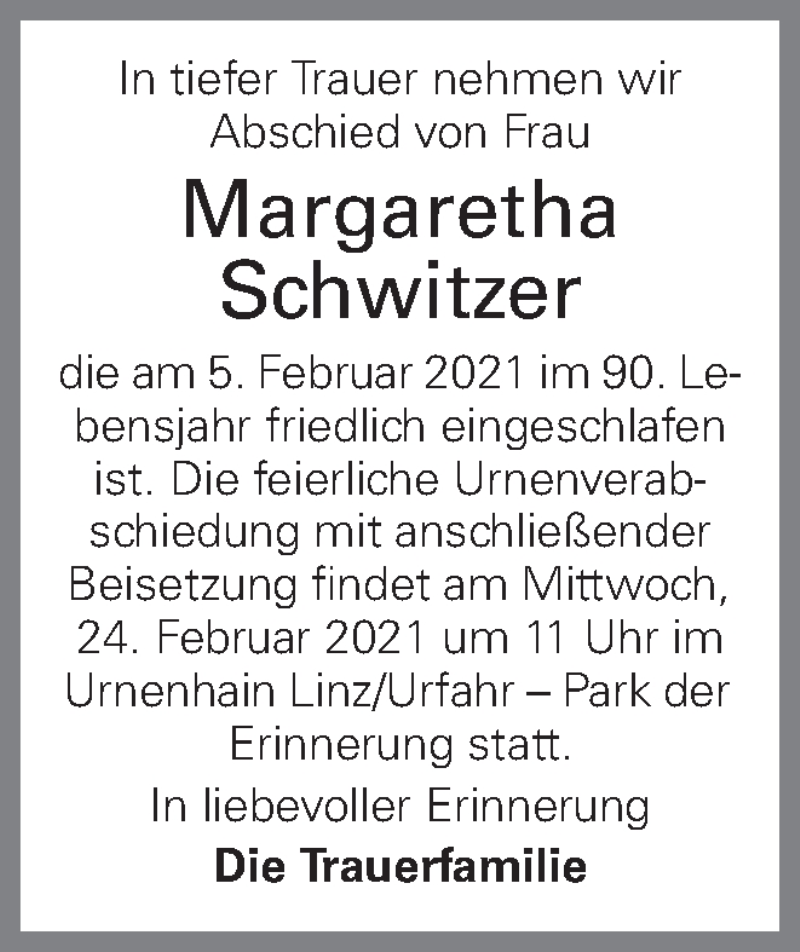  Traueranzeige für Margaretha Schwitzer vom 12.02.2021 aus OÖNachrichten