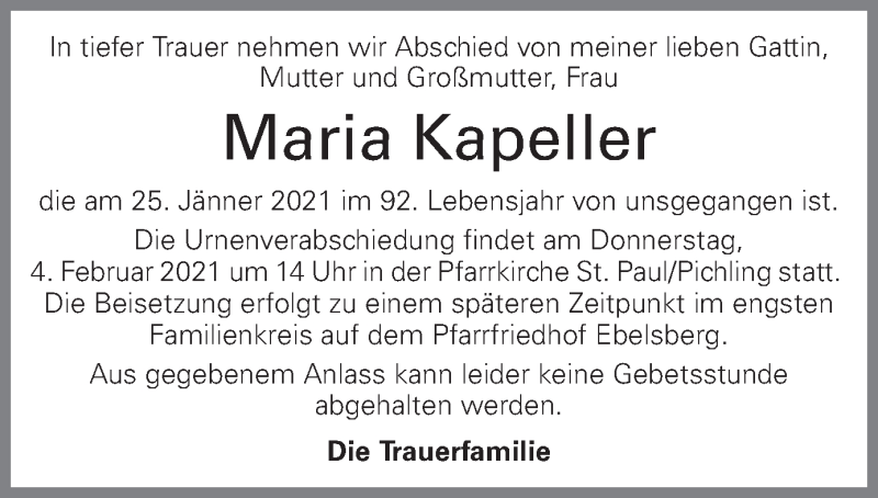  Traueranzeige für Maria Kapeller vom 29.01.2021 aus OÖNachrichten