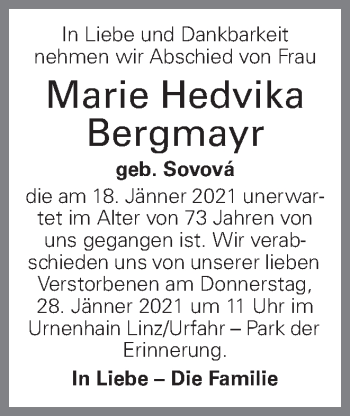 Traueranzeige von Marie Hedvika Bergmayr von OÖNachrichten