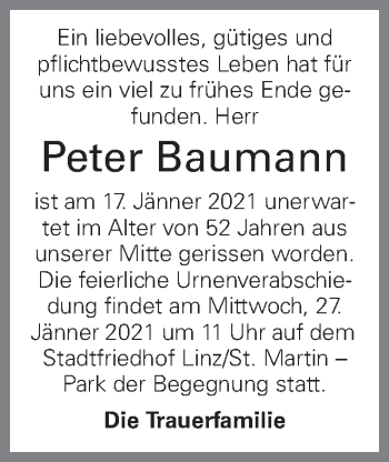 Traueranzeige von Peter Baumann von OÖNachrichten