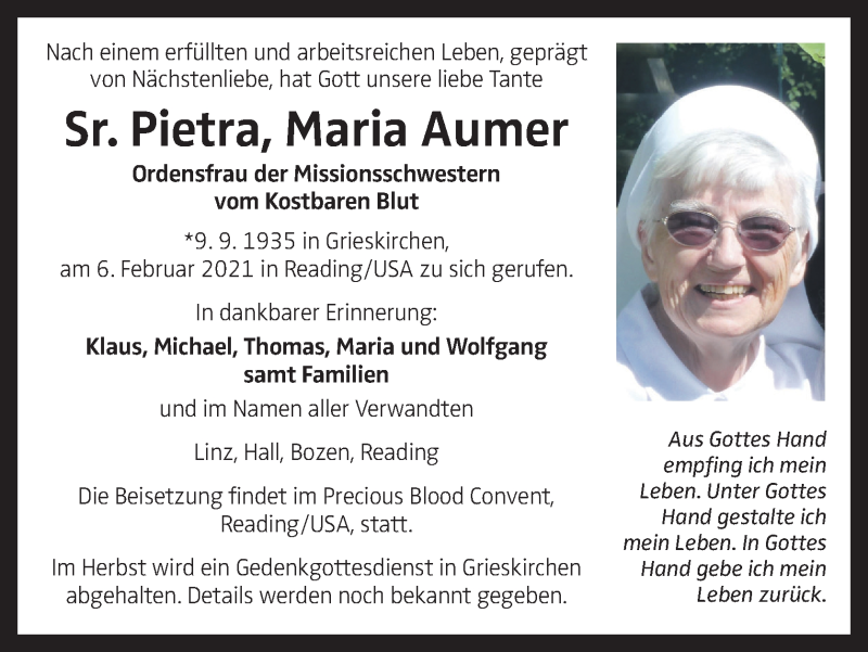  Traueranzeige für Pietra Maria Aumer vom 20.02.2021 aus OÖNachrichten