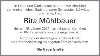Traueranzeige von Rita Mühlbauer von OÖNachrichten