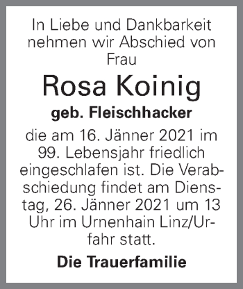 Traueranzeige von Rosa Koinig von OÖNachrichten