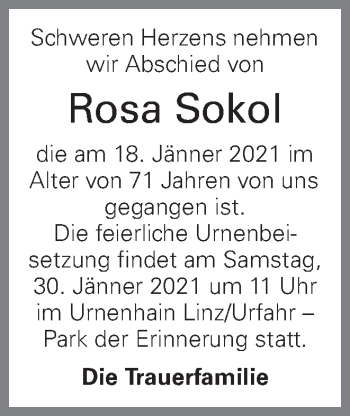 Traueranzeige von Rosa Sokol von OÖNachrichten