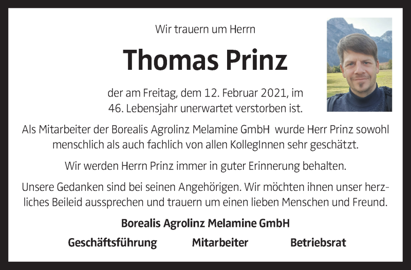  Traueranzeige für Thomas Prinz vom 23.02.2021 aus OÖNachrichten