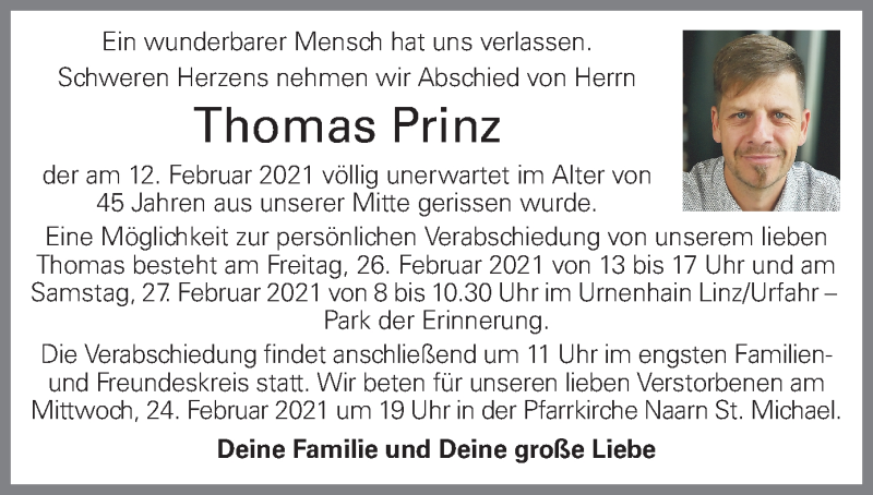  Traueranzeige für Thomas Prinz vom 20.02.2021 aus OÖNachrichten