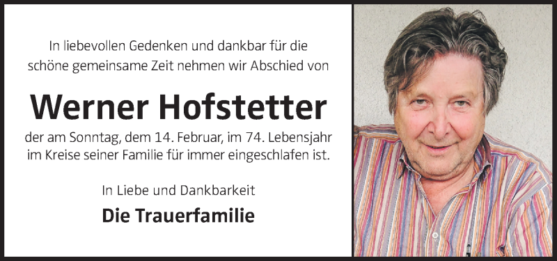  Traueranzeige für Werner Hofstetter vom 16.02.2021 aus OÖNachrichten