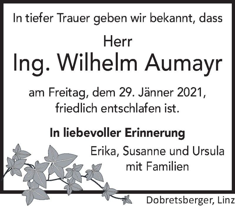  Traueranzeige für Wilhelm Aumayr vom 03.02.2021 aus OÖNachrichten
