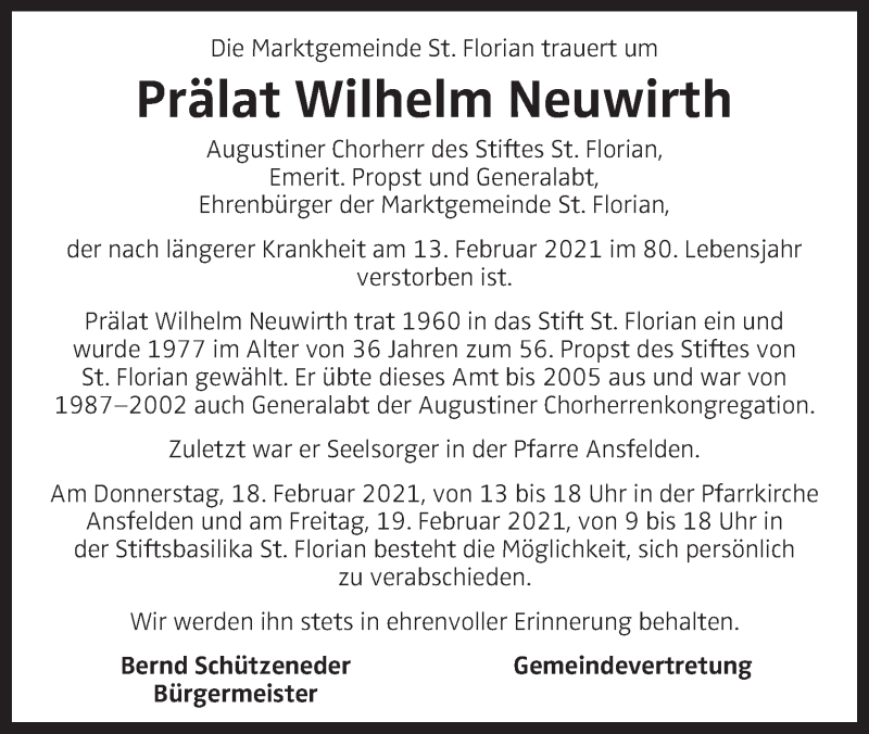  Traueranzeige für Wilhelm Neuwirth vom 17.02.2021 aus OÖNachrichten