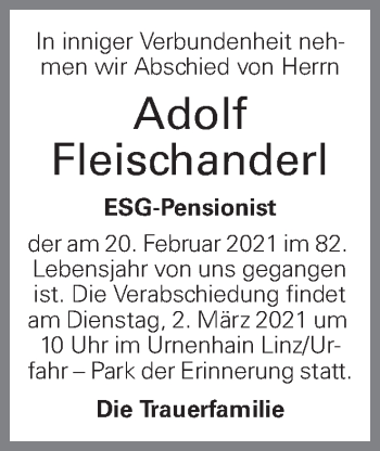 Traueranzeige von Adolf Fleischanderl von OÖNachrichten