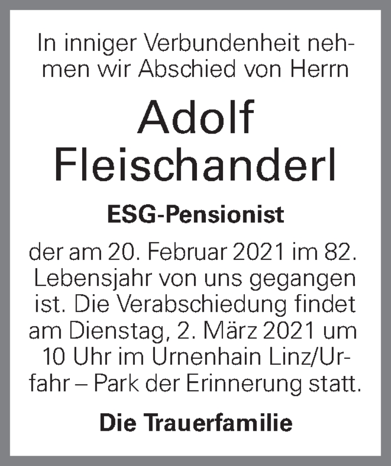  Traueranzeige für Adolf Fleischanderl vom 02.03.2021 aus OÖNachrichten